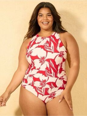 Shade & Shore Red and White Floral High-Neck One-Piece Swimsuit